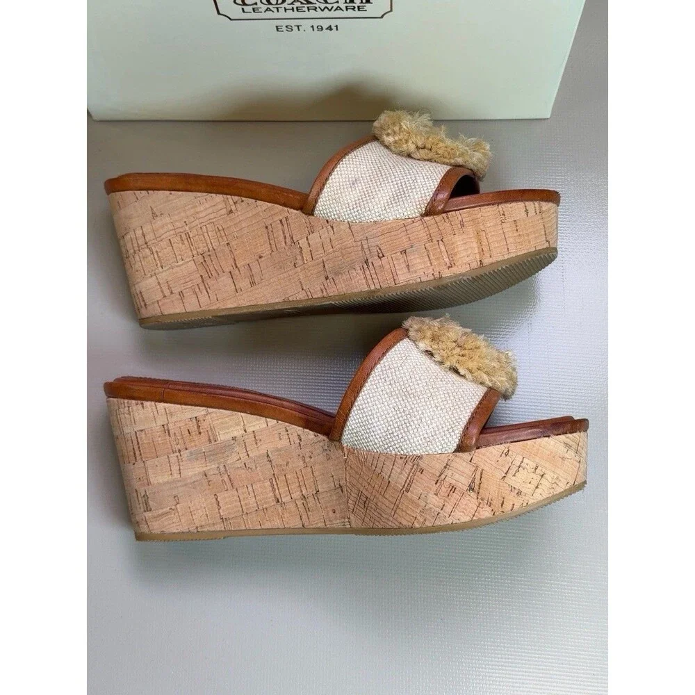 Coach Jazmin A8031 Canvas Cork Wedge Slide Sandals Natural Women’s 7.5M